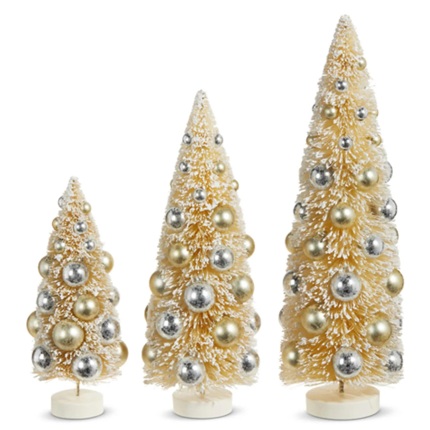 Raz 15" Ivory Snowy Bottle Brush Trees With Ornaments Christmas Decoration Set Of 3 4319029