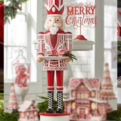 Raz 36" Large Red And White Christmas Peppermint Nutcracker With Serving Tray 4401602
