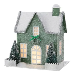 Raz 9.25" Lighted Green Cardboard Christmas House 4219092