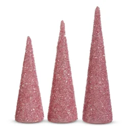 Raz 14" Lighted Pink Beaded Cone Christmas Tree Set Of 3 4422914