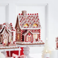 Raz 12" Lighted Realistic Pink And Red Christmas Gingerbread House 4316086