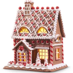 Raz 12" Lighted Realistic Pink And Red Christmas Gingerbread House 4316086