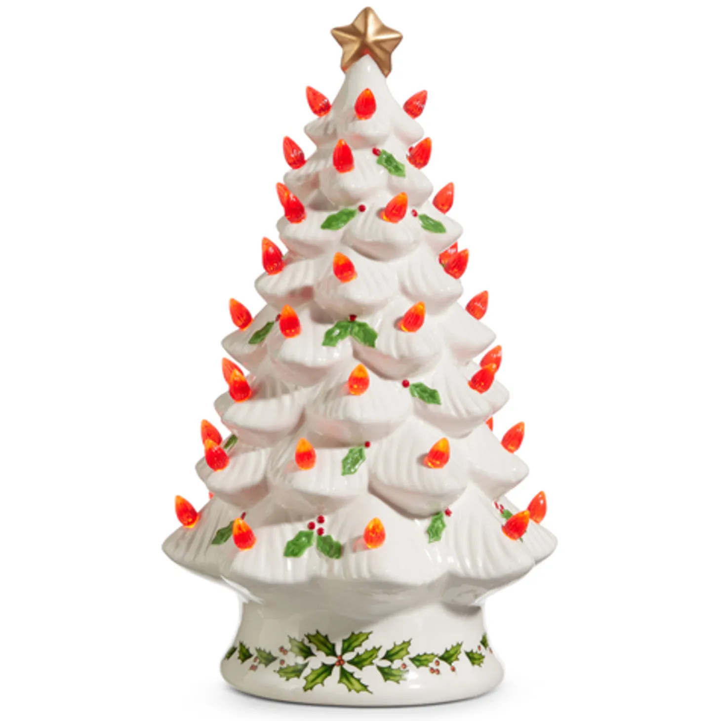 Raz 13" Lighted Vintage White Ceramic Christmas Tree With Holly And Red Bulbs 4419049