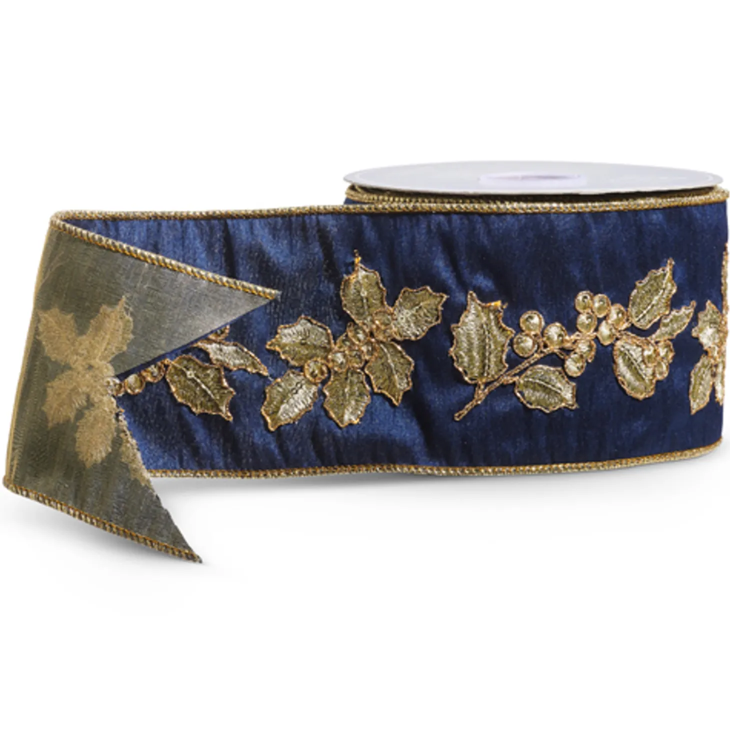 Raz 4" Navy Blue And Gold Holly Wired Christmas Ribbon R4427720