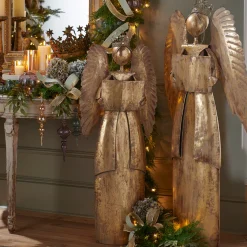 Raz 4' Or 4.5' Large Antiqued Gold Metal Christmas Angel Standing Figure