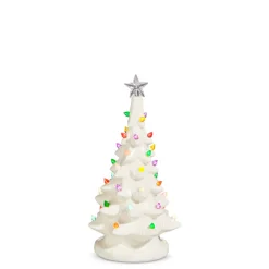 Raz 7.25" Or 9.25" Lighted White Vintage Ceramic Christmas Tree With Color Lights