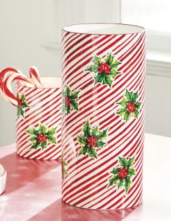 Raz 5.75" Or 12" Red And White Striped Holly Berry Christmas Container