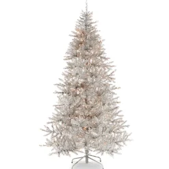 Raz 7.5' Or 9' Silver Tinsel Christmas Tree With Forever Lit Clear Lights