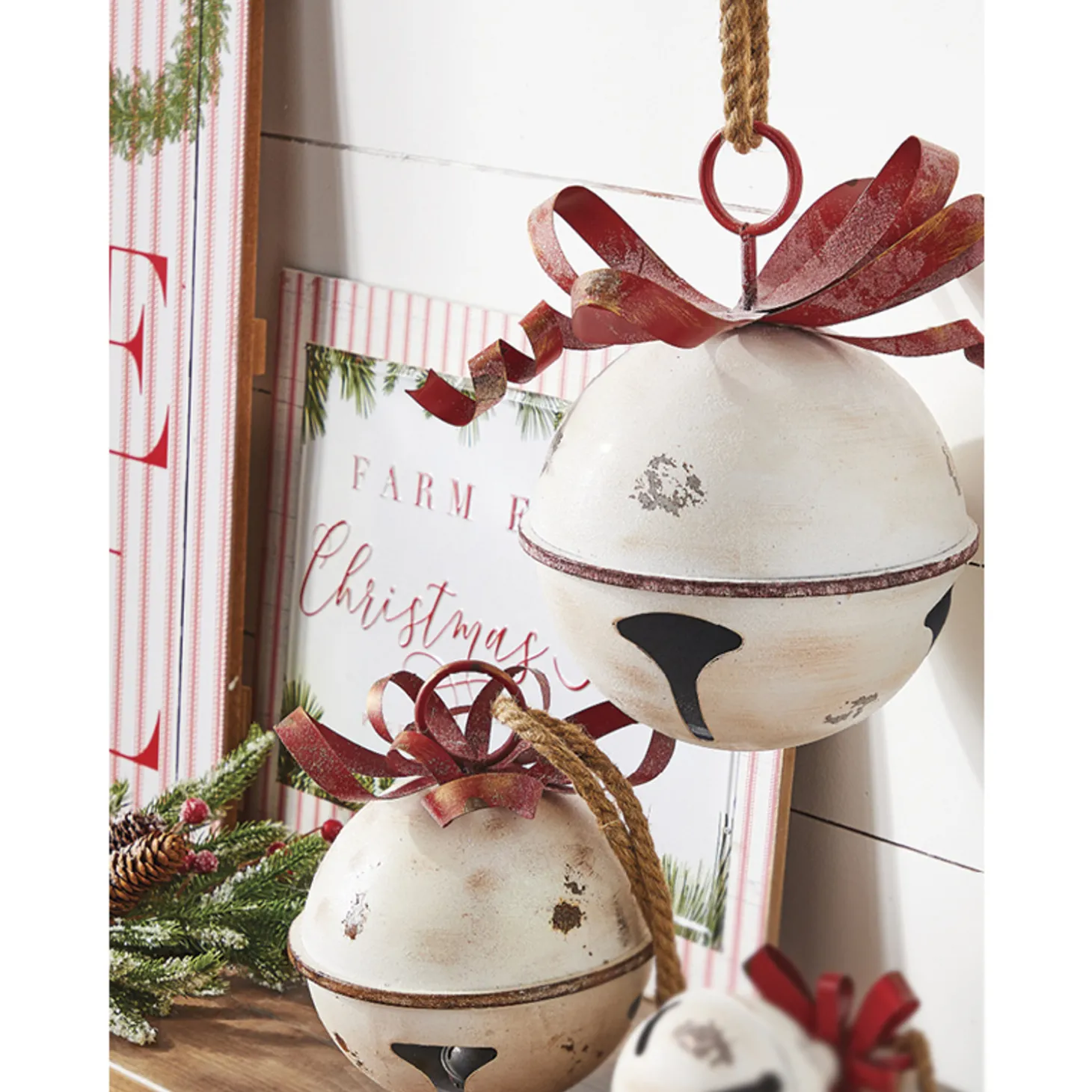 Raz 11" Or 13.75" White Glittered Jingle Bell With Red Bow Christmas Ornament