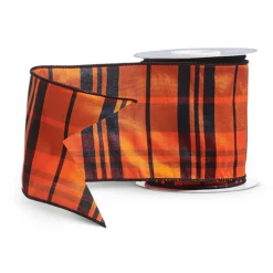 Raz 4" Orange And Black Check Plaid Wired Halloween Ribbon R4471808