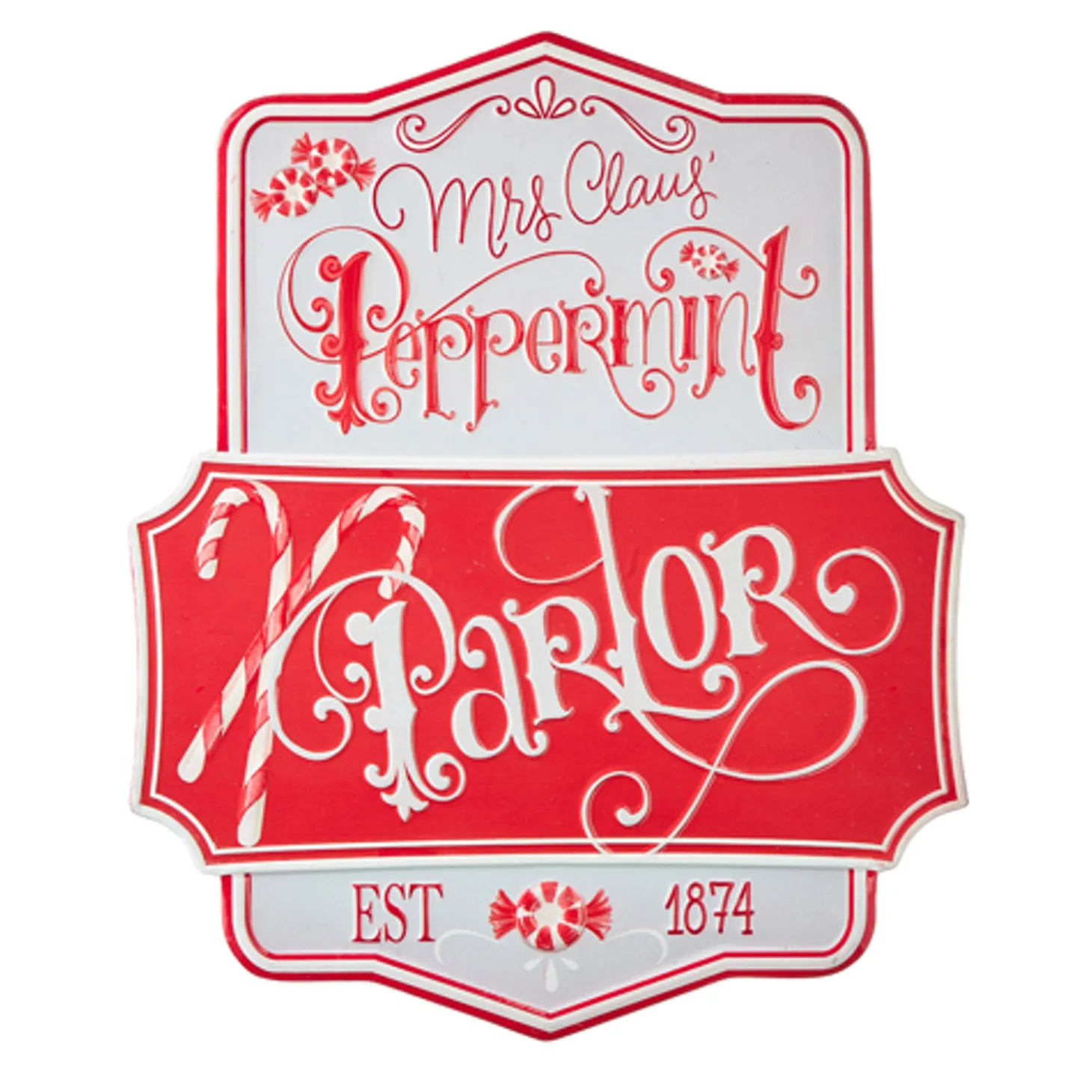 Raz 21.75" Peppermint Parlor Embossed Metal Christmas Sign 4111274