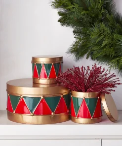 Raz 13.5" Red And Green Drum Christmas Stacked Canisters Set Set Of 3 4425924