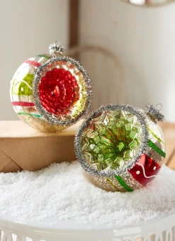 Raz 4" Red And Green Vintage Reflector Ball Glass Christmas Ornament 4352880