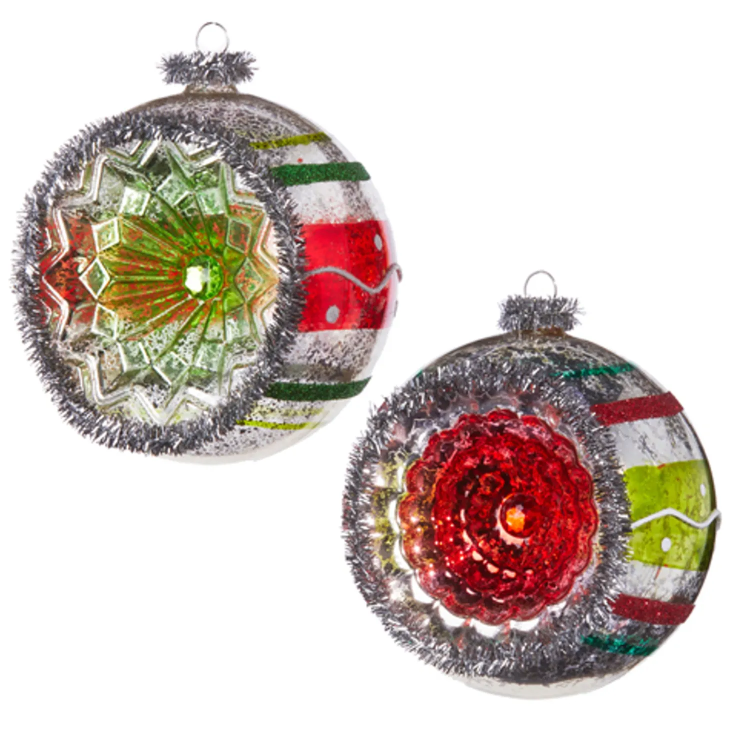 Raz 4" Red And Green Vintage Reflector Ball Glass Christmas Ornament 4352880