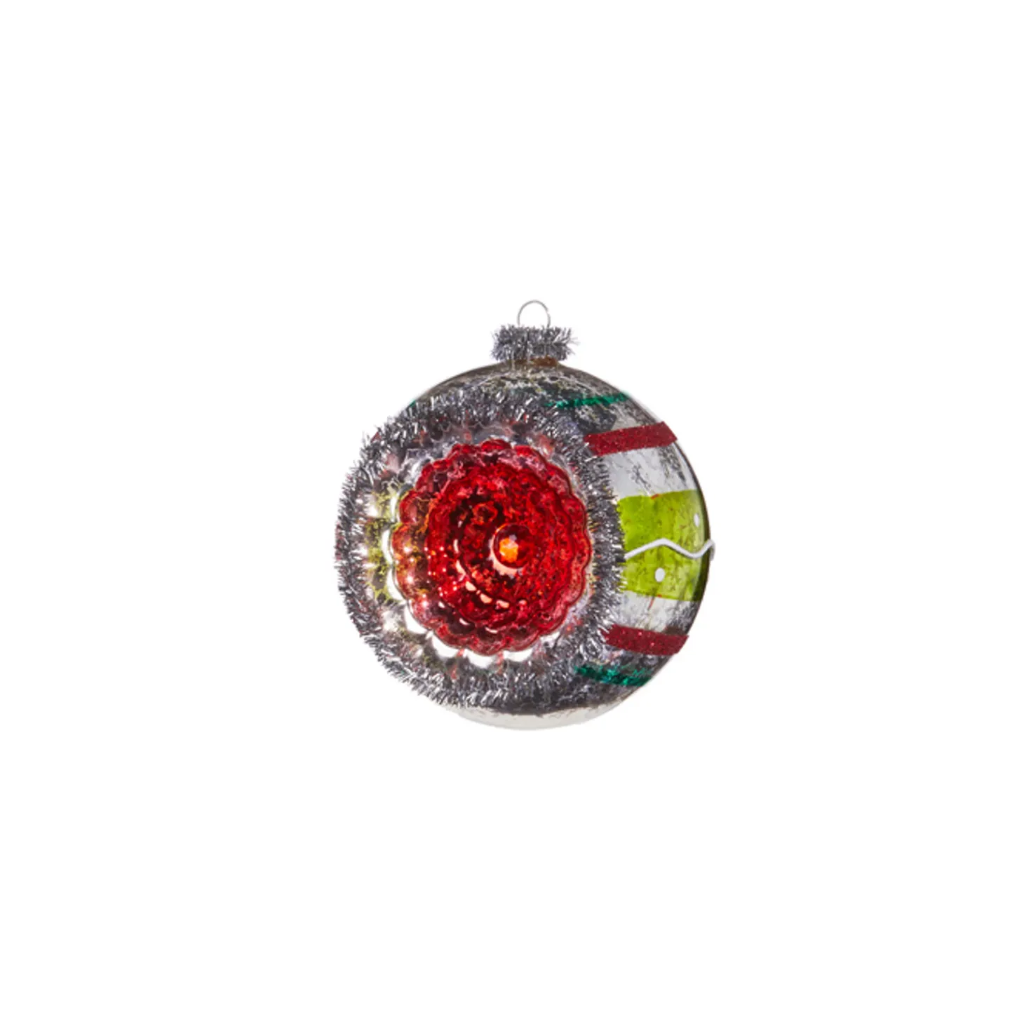 Raz 4" Red And Green Vintage Reflector Ball Glass Christmas Ornament 4352880