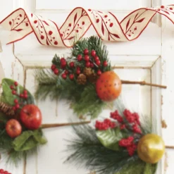 Raz 2.5" Red And Tan Embroidered Wired Christmas Ribbon R4027803