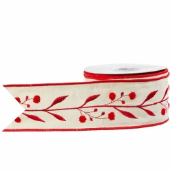 Raz 2.5" Red And Tan Embroidered Wired Christmas Ribbon R4027803