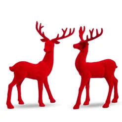 Raz 13" Red Flocked Deer Figure Set Of 2 4432754