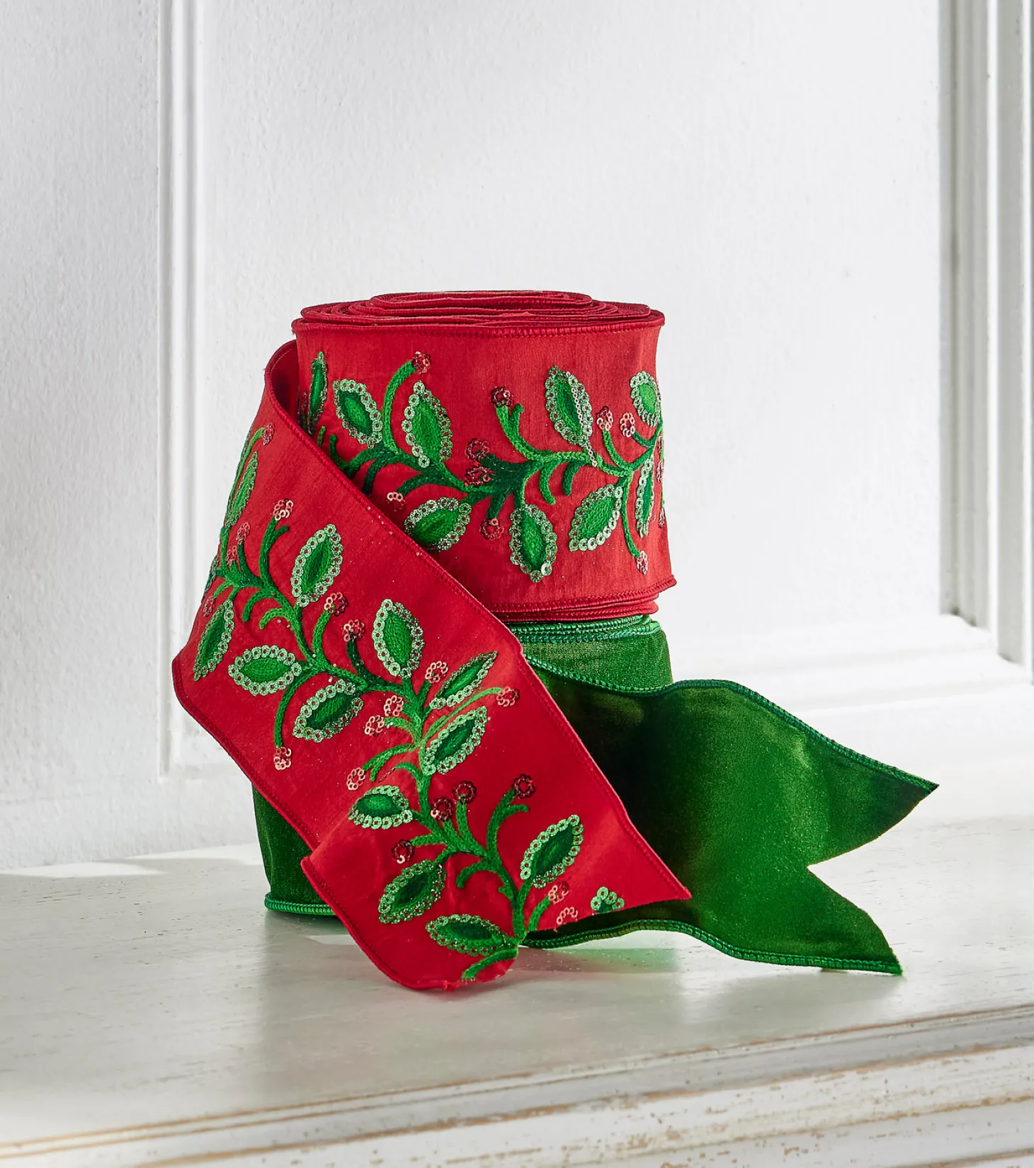 Raz 4" Red Floral With Sequins Embellishment Wired Christmas Ribbon R4471770