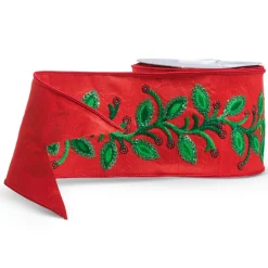 Raz 4" Red Floral With Sequins Embellishment Wired Christmas Ribbon R4471770
