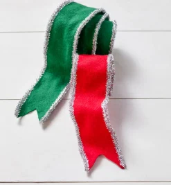 Raz 2.5" Red Or Green Felt With Silver Tinsel Trim Wired Christmas Ribbon