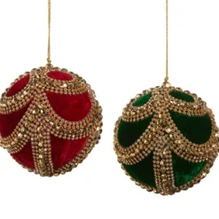 Raz 4" Red Or Green Velvet Jeweled Ball Christmas Ornament