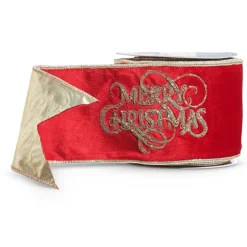 Raz 4" Red Velvet Merry Christmas Embroidered Wired Christmas Ribbon R4471766