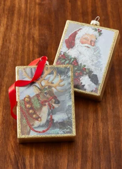 Raz 4.5" Santa Or Reindeer Painted Style Glass Christmas Ornament