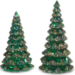 Raz 9.75" Sequined Green Tree Glass Christmas Figure Set Of 2 4424655