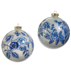 Raz 5" Set Of 2 Blue Floral Delft Glass Ball Christmas Ornament 4452867