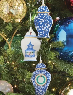 Raz 6" Set Of 3 Delft Ginger Jar Cut Out Christmas Ornament 4210273