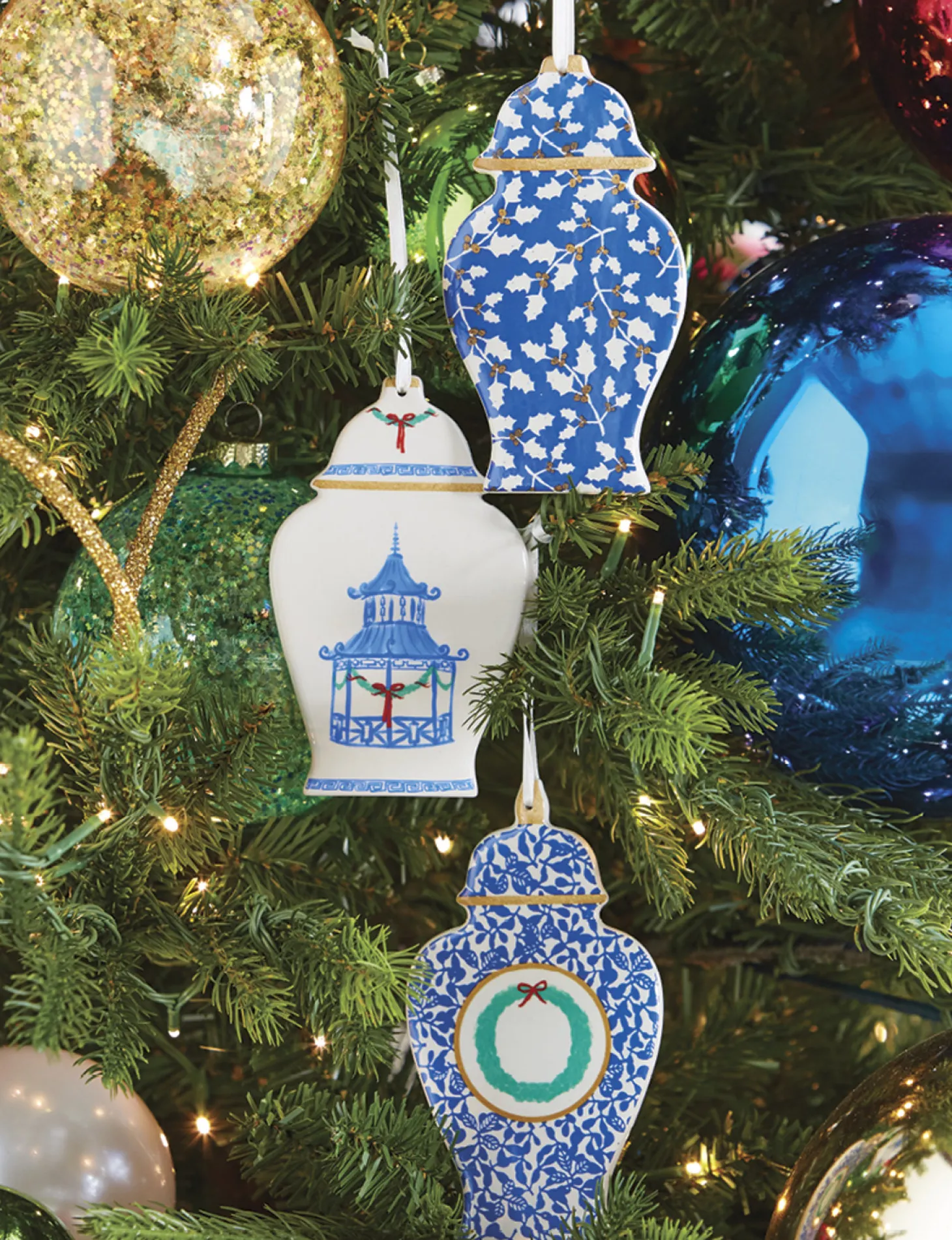 Raz 6" Set Of 3 Delft Ginger Jar Cut Out Christmas Ornament 4210273
