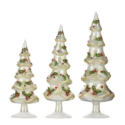 Raz 13.25" Set Of 3 Holly Patterned Jeweled Glass Christmas Tree Figure 4122863