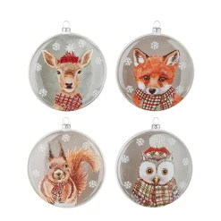 Raz 5.5" Set Of 4 North Pole Friends Glass Disc Christmas Ornament 4224624