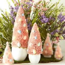 Raz Set Of 2 Potted Pink Bottle Brush Trees With Egg Ornaments 4415512