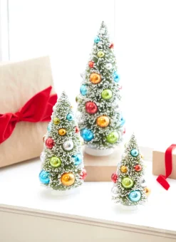 Raz 12" Set Of 3 Snowy Bottle Brush Trees With Colorful Ornaments Christmas Trees 4316153