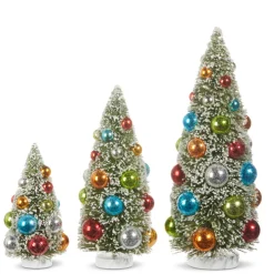 Raz 12" Set Of 3 Snowy Bottle Brush Trees With Colorful Ornaments Christmas Trees 4316153