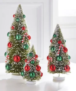 Raz 12" Set Of 3 Snowy Christmas Bottle Brush Trees With Candy Cane Ornaments 4416110