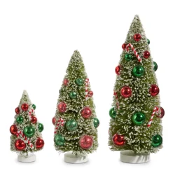 Raz 12" Set Of 3 Snowy Christmas Bottle Brush Trees With Candy Cane Ornaments 4416110