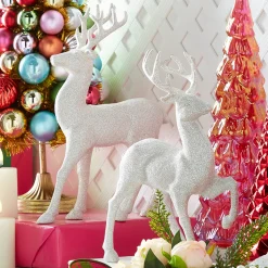 Raz 12.75" Set Of 2 White Glittered Deer Christmas Figures 3100812