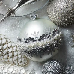 Raz 5" Silver Jeweled And Pearl Glass Ball Christmas Ornament 4424508