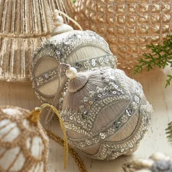 Raz 4" Silver Or Ivory Jewel And Wrapped Thread Ball Christmas Ornament 4327325