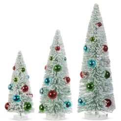 Raz 15" Snowy Bottle Brush Trees With Bright Ornaments Set Of 3 4316154