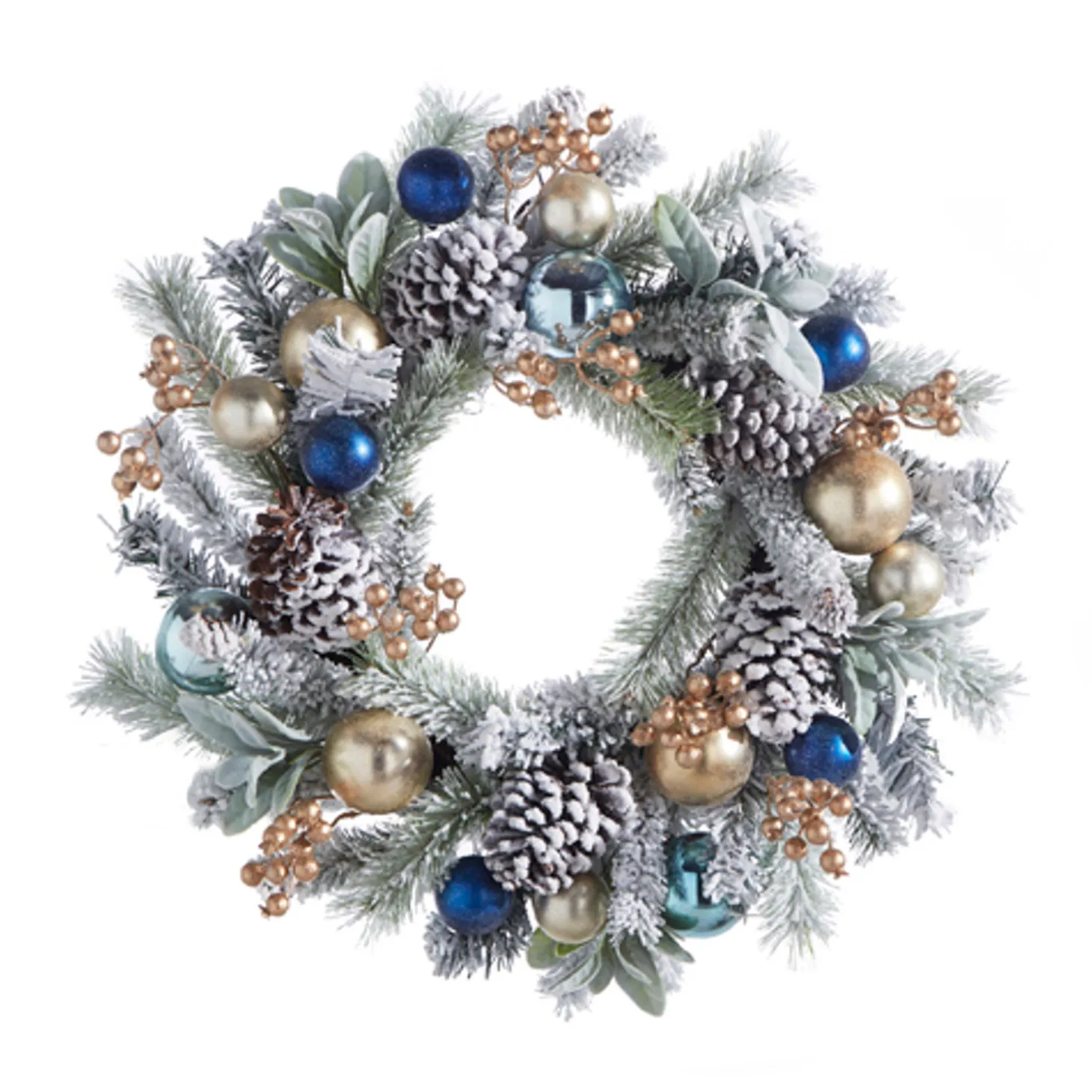 Raz 24" Snowy Mixed Greenery And Blue And Gold Ornament Christmas Wreath W4302540