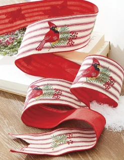 Raz 4" Ticking Stripe Cardinal Embroidered Wired Christmas Ribbon R4227725