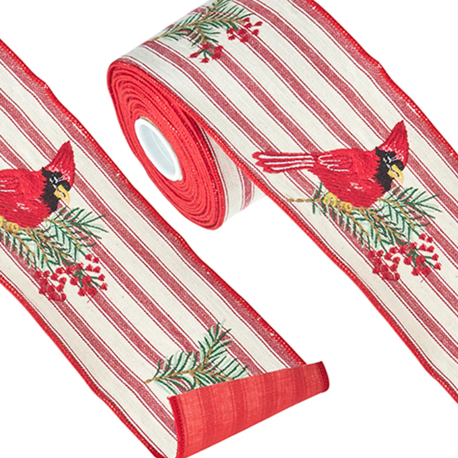 Raz 4" Ticking Stripe Cardinal Embroidered Wired Christmas Ribbon R4227725