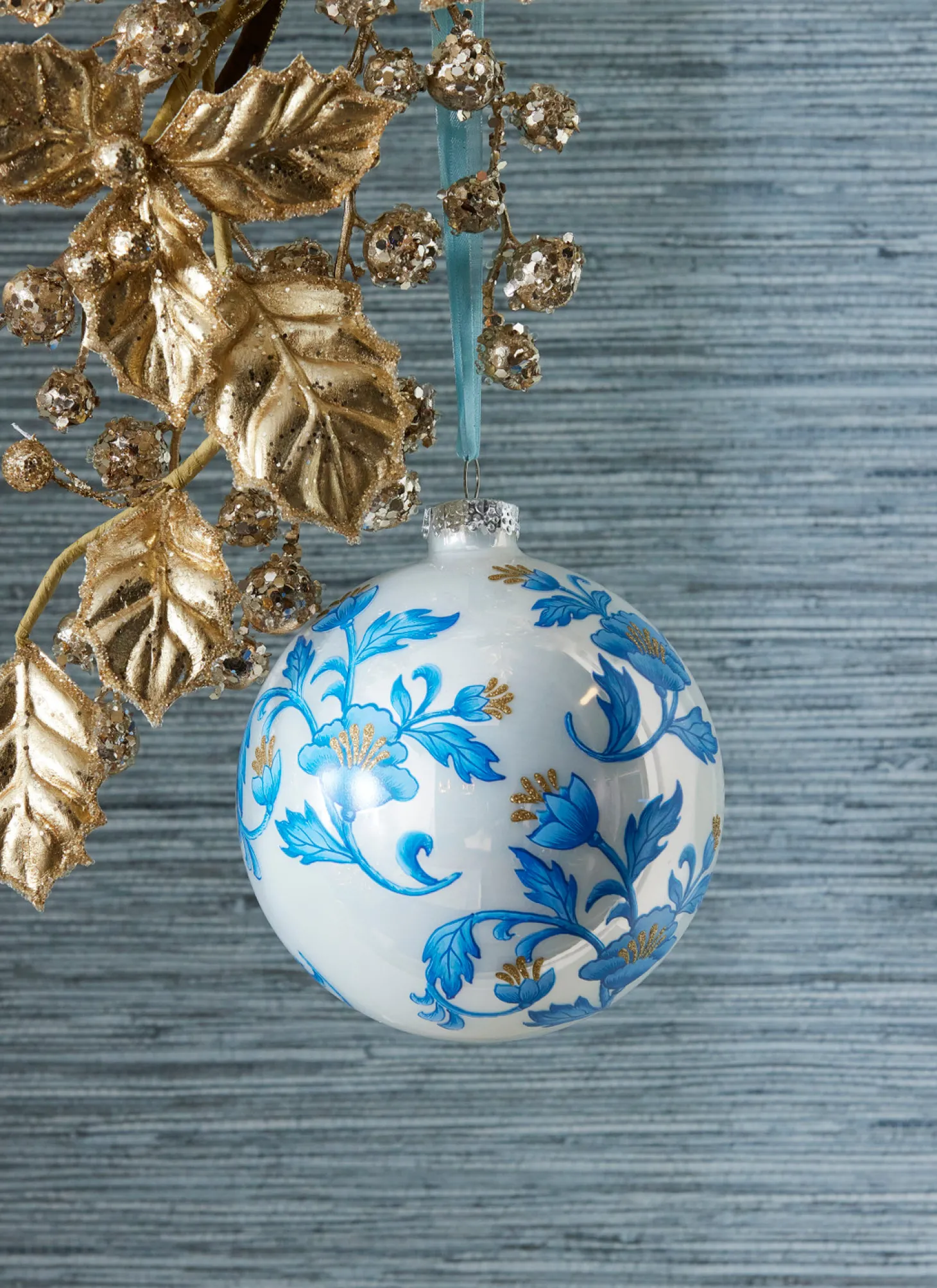 Raz 5" Vintage Blue Floral Delft Ball Glass Christmas Ornament 4352895