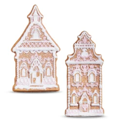 Raz 4" White And Pink Gingerbread Church Christmas Ornament Set Of 2 4310202
