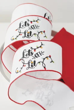 Raz 4" White Lets Get Lit Embroidered Wired Christmas Ribbon R4171862
