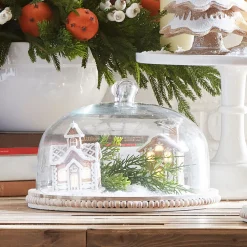Raz 11.75" Whitewash Beaded Wooden Tray With Cloche 4424402